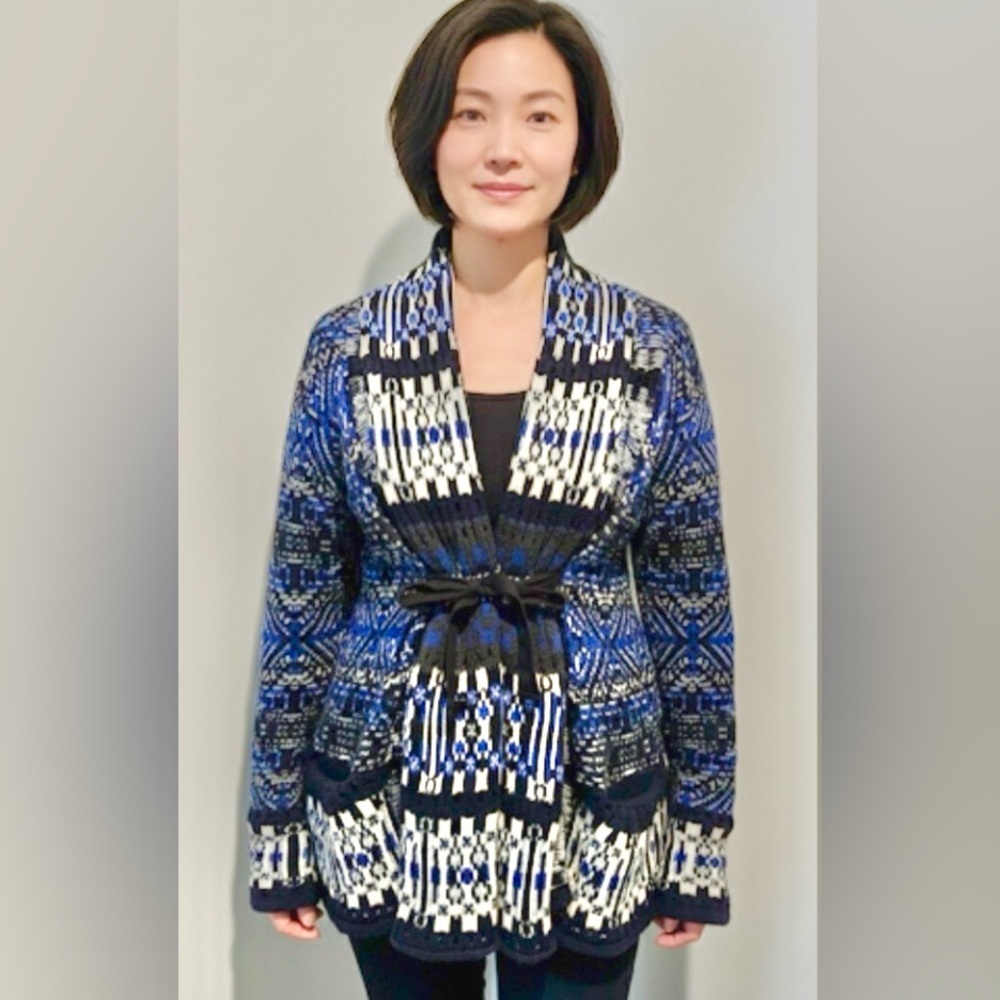 ODD MOLLY Boho Scandi Blue Black Wool Shawl Collar Embroidered Knit Cardigan M - Picture 2 of 12